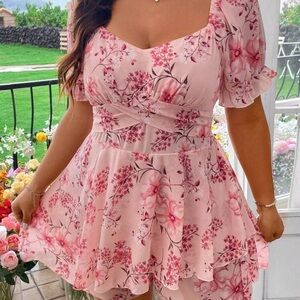 Floral Pink Chiffon Skorts Romper
